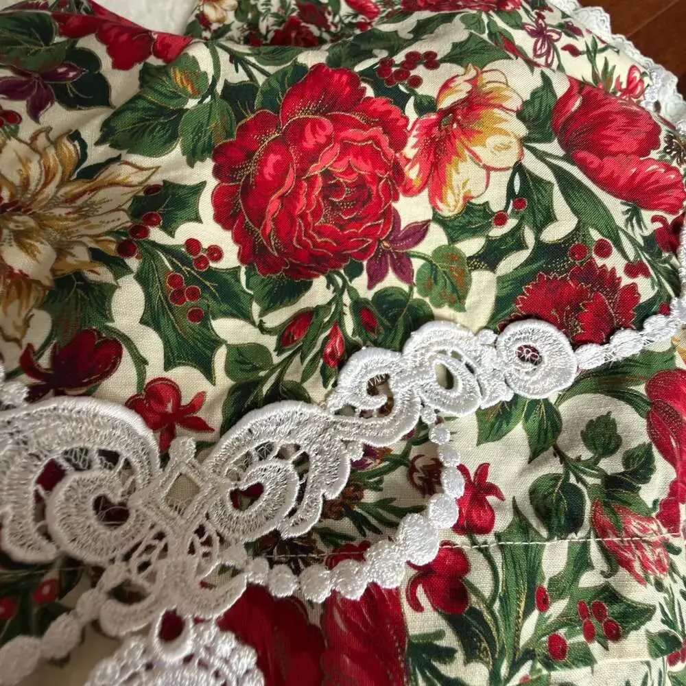 Vintage Bonnie Jean New York Red Floral Holiday Dress With Lace Trim Size 10